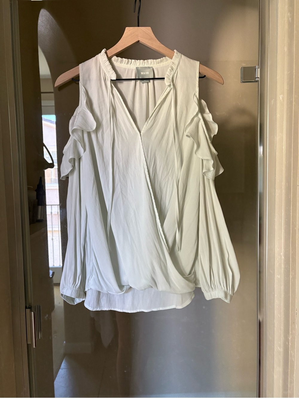 Maeve Sage Green Cold-Shoulder Ruffle Blouse
